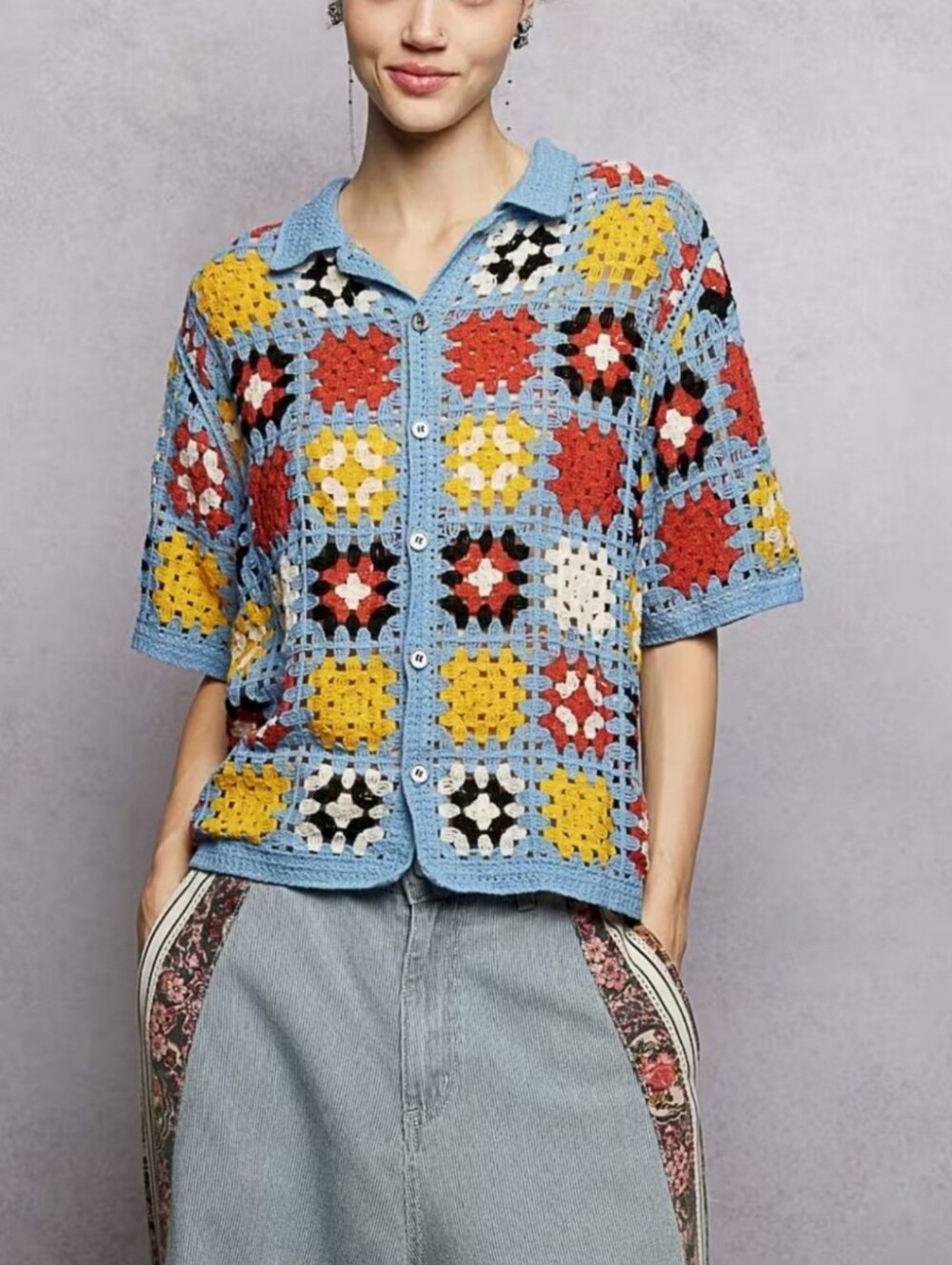 POL Multicolor Crochet Button-Up Top - Blue, Yellow, Red, Black, White - Picture 1 of 4